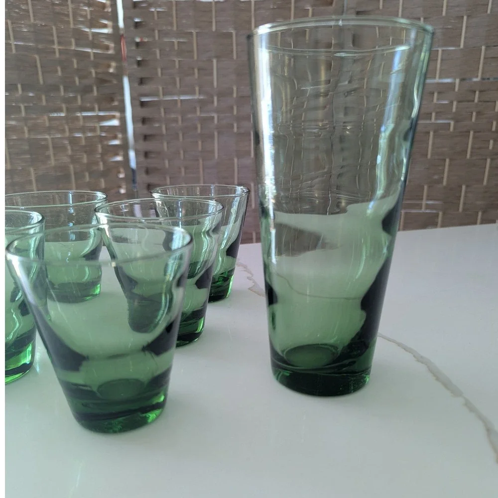 Vtg Libbey Green Glass Tumbler and Juice Glasses Set of 6 MCM Bark‎ Texture